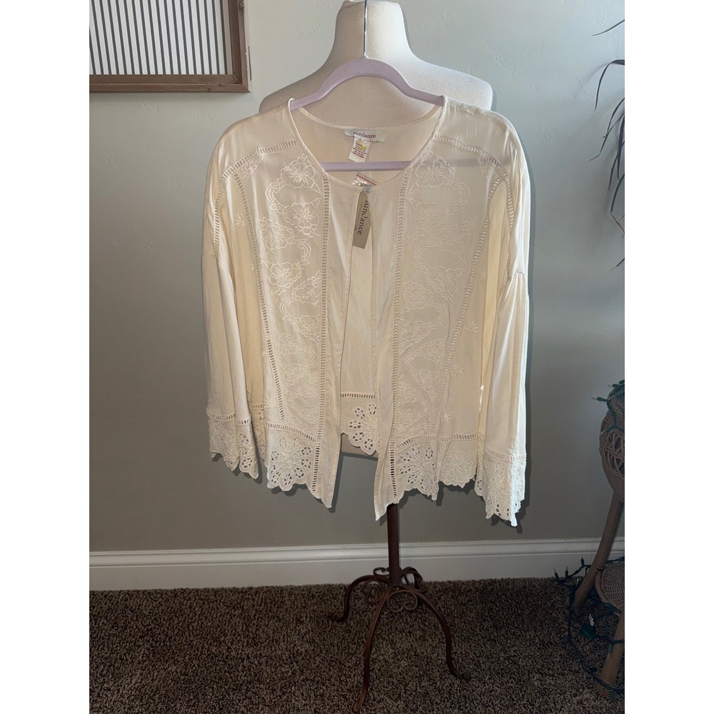 Sundance Embroidered Lace Kimono Jacket Cream Boho Festival Open Front‎ Size S